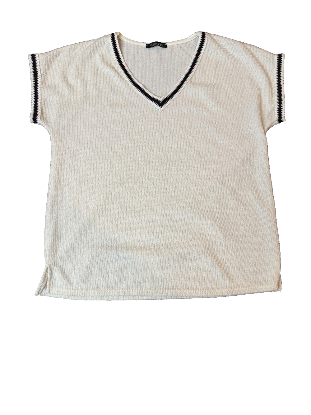 Paper Moon Sweater Womens Medium Cream Short Sleeve V-Neck Knit Contrast Trim